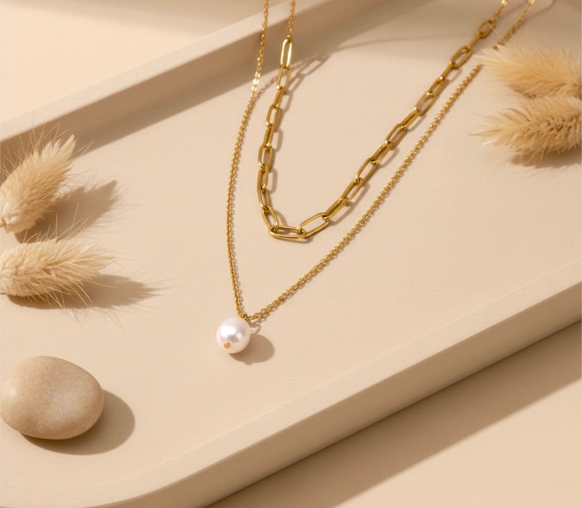 18K gold exquisite simple double-layer chain with pearl pendant design light luxury style necklace