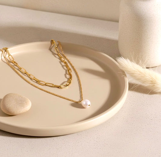 18K gold exquisite simple double-layer chain with pearl pendant design light luxury style necklace